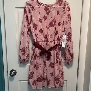 Pink Ruffle Shoulder & Bow Belted Dress